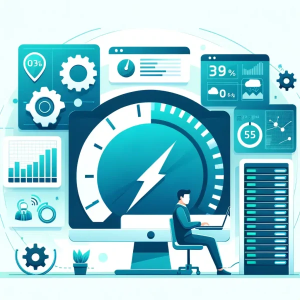 DALL·E 2024-05-15 16.19.10 - A flat and sleek style image depicting website speed optimization. Show a minimalist computer screen with a speedometer icon indicating high speed. In