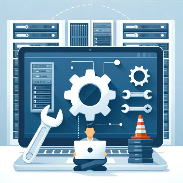DALL·E 2024-05-15 16.20.22 - A flat and sleek style image depicting website maintenance. Show a minimalist computer screen with a maintenance icon, such as a gear or a constructio